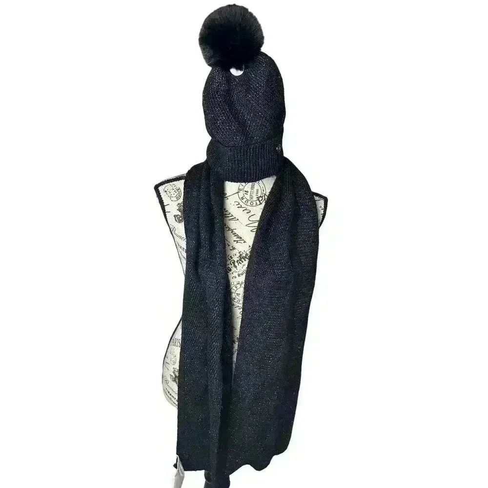 Calvin Klein Women's Pom Pom Beanie & Scarf Boxed Gift Set, Black, One Size